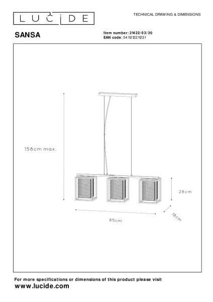 Lucide SANSA - Hanglamp - 3xE27 - Zwart - technisch